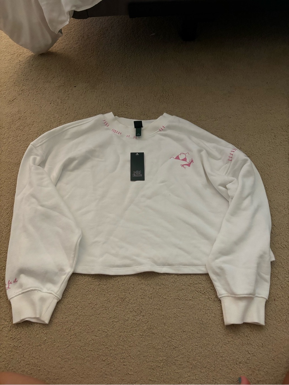 wild fable White Cropped Sweatshirt with Pink Graphic